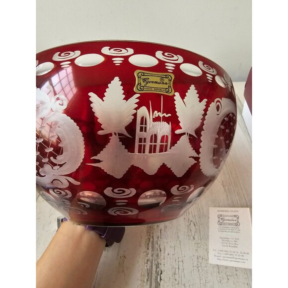 Egermann Red‎ Ruby bowl lazure Bohemian centerpiece deer scene building - Picture 8 of 10